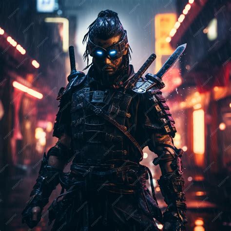 Premium AI Image | shot of samurai Cyberpunk samurai surrounded by city neon lighting