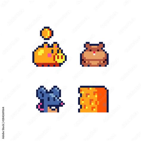 Cute animals pixel art icons set mouse and cheese, hamster, piggy bank and coin. Design for logo ...