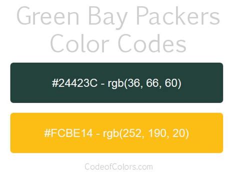 Green Bay Packers Team Color Codes | Green bay packers colors, Nfl team ...