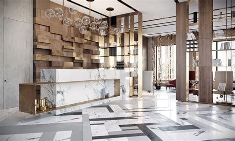 Modern lobby in Moscow combines brass, marble & special lamps | Modern Home Decor