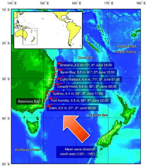 Map of the Tasman and Coral Seas region with locations of waverider... | Download Scientific Diagram