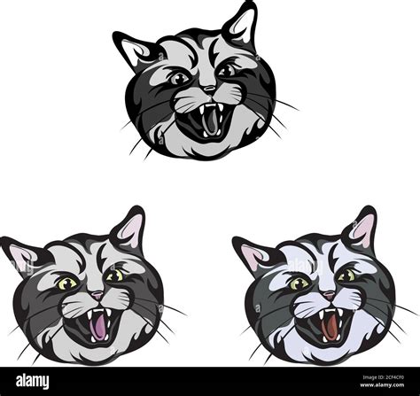 Cat, head, grin, teeth, muzzle, vector, illustration, set, white, black, isolated, simple, icon ...