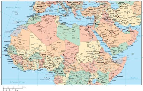 North Africa and Middle East Region Map with Country Areas Capitals an