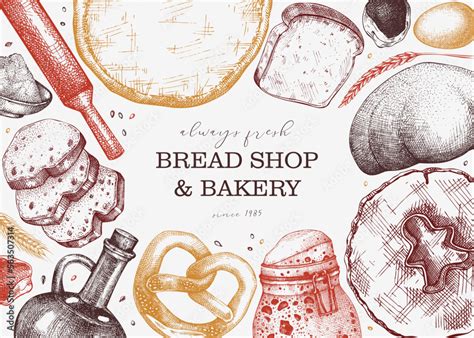 Vintage bakery shop background. Vector frame with baking ingredients, pastries, and bread ...