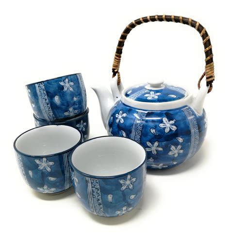 TJ Global Chinese Japanese Porcelain Tea Set with Blue Flowe