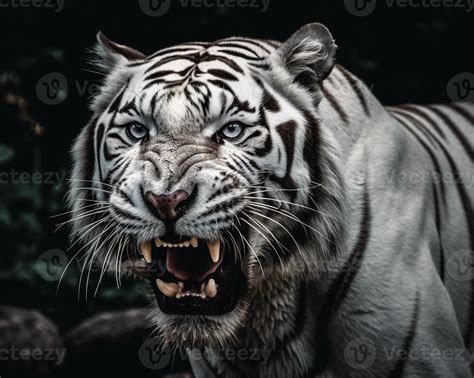 Detailed portrait of a roaring white tiger face, isolated on black background. 22896321 Stock ...