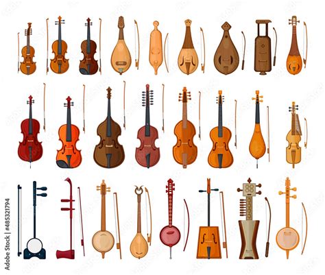 Collection of bowed string instruments in detailed style. Musical ...