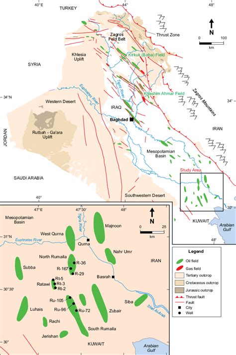 Location map of the studied wells along with oil fields. | Download Scientific Diagram