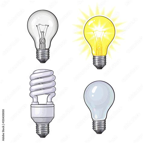 Set of transparent, opaque, glowing and energy saving spiral electric bulb, sketch style vector ...