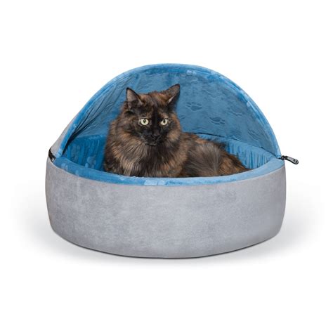 K&H Blue and Gray Self Warming Hooded Cat bed | Petco