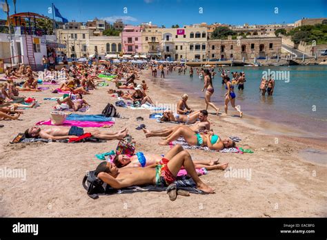 Malta. St Georges bay beach near Paceville Stock Photo - Alamy