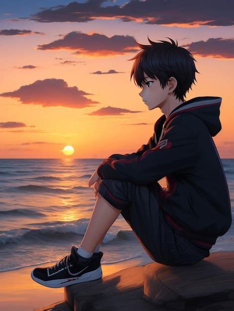 Premium AI Image | Artistic image of Boy anime on the beach watching sunset