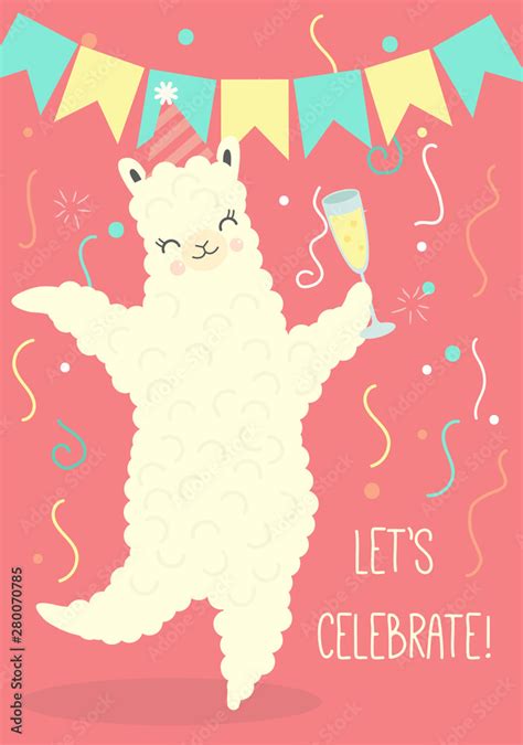 Illustration of happy dancing llama, design for poster, birthday greeting card. Happy birthday ...