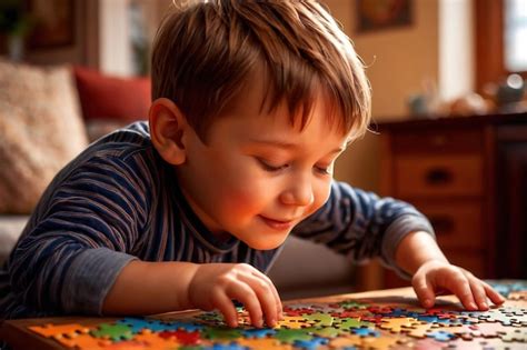 Premium Photo | Little boy doing intelligent problem solving playing with jigsaw puzzle