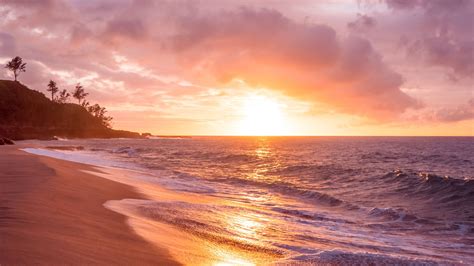 sea, beach, sunset, waves, surf, 4k HD Wallpaper