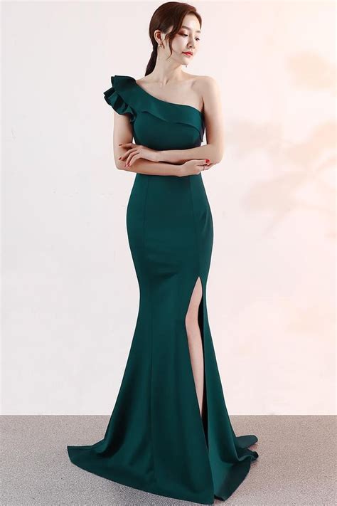 Pine Green One Shoulder Evening Gown | ชุดไปงานราตรี, ชุดเดรส, เดรสสั้น