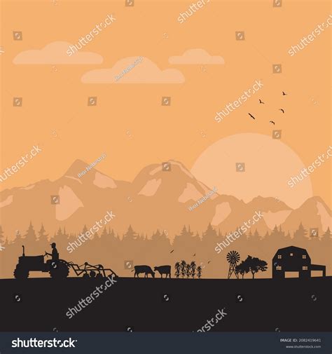 Silhouette Farmer Harvesting Crop Sunset Farm Stock Vector (Royalty Free) 2082419641