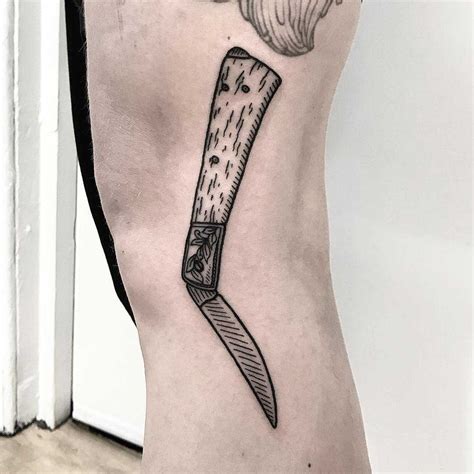 Woodcut style knife tattoo by Deborah Pow - Tattoogrid.net