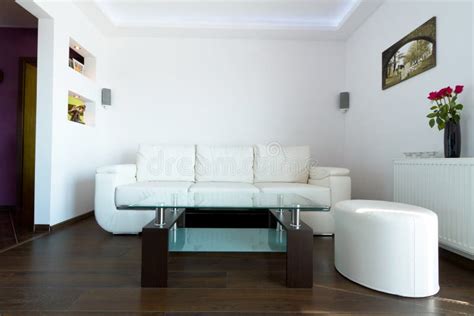 White Leather Sofa In Living Room Stock Image - Image of lamp, flat ...