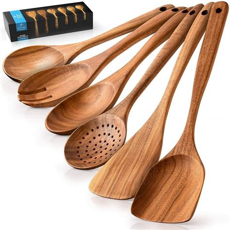 Zulay Kitchen (6 Pc Set) Teak Wooden Cooking Spoon Sets in Smooth Finish - Walmart.com - Walmart.com