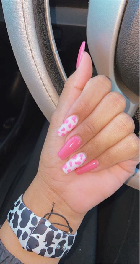 pink cow print nails | Cow nails, Acrylic nails coffin short, Fake nails designs