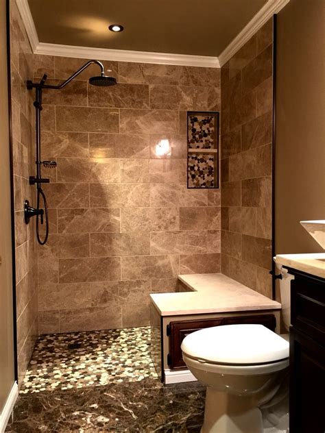 Brown Marble Tile Walk-In Shower Bathroom Design