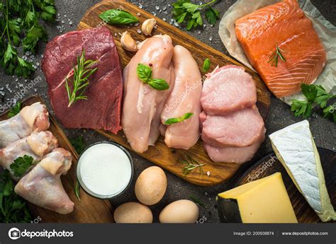 Animal protein sources- meat, fish, cheese and milk. — Stock Photo ...