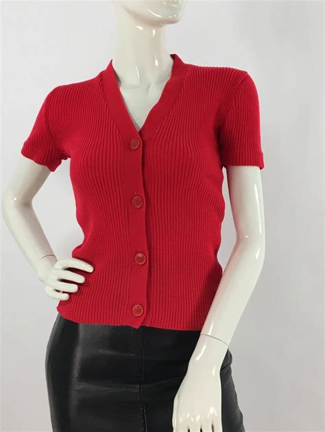 Vintage Red Knit Sweater/short Sleeve Ribbed - Etsy