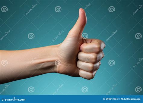 Female Hand Signals Approval With A Thumbs Up On Soft Blue Stock Photo ...