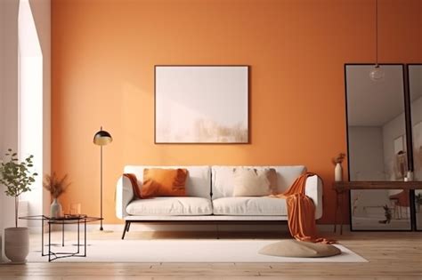 Premium AI Image | A living room with orange walls and a white couch.