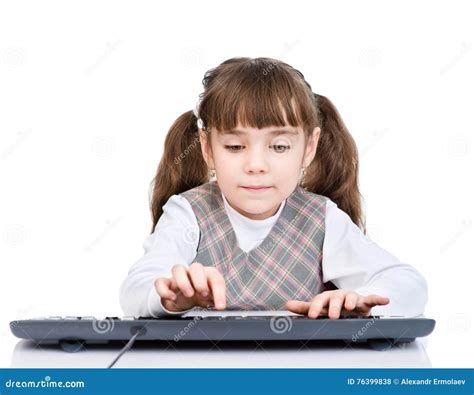 Young Girl Typing Keyboard. Isolated on White Background Stock Photo - Image of preschool, child ...