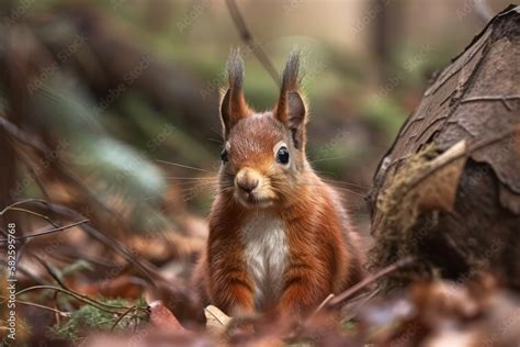 A red squirrel is depicted in detail in its natural habitat. Red squirrel of Eurasia, Sciurus ...