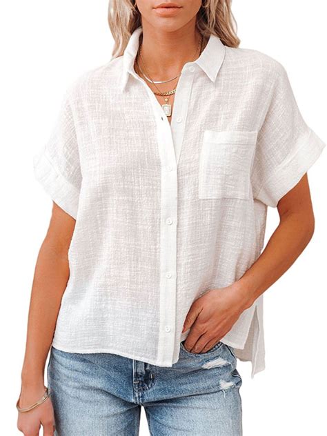 Women Short Sleeve Cotton and Linen Shirts V Neck Collared Button Down Tops With Pockets ...