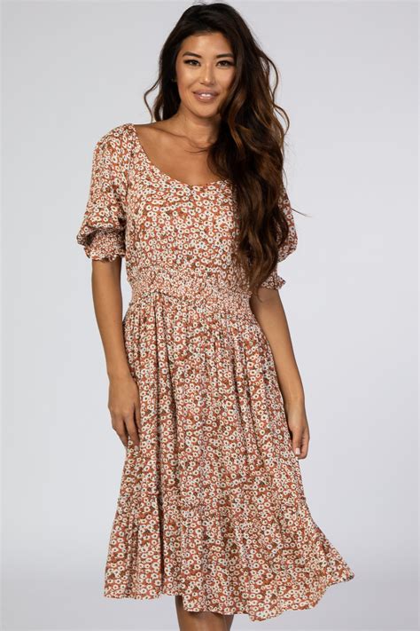 Salmon Floral Dress#R#– PinkBlush