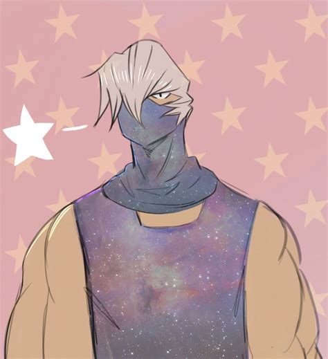 a drawing of a man with white hair wearing a purple vest and stars in the background