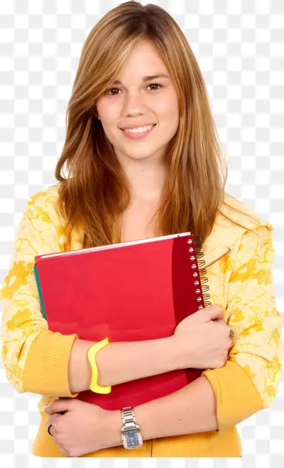 Woman in yellow jacket holding red notebook - CleanPNG / KissPNG