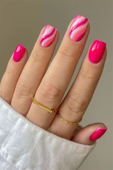 Summer Hot Pink Nails With Fine Lines in 2023 | Pink tip nails, Bright ...