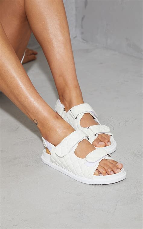 White Quilted Double Velcro Strap Footbed Sandals | PrettyLittleThing CA