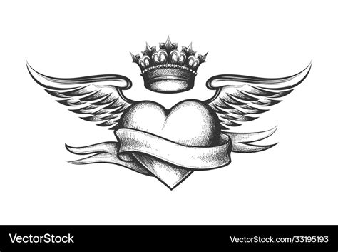 Heart with crown wings and ribbon tattoo Vector Image