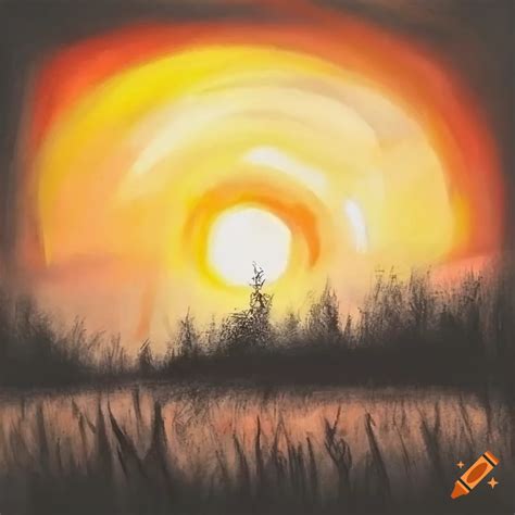 Sunset at a meadow in charcoal drawing on Craiyon