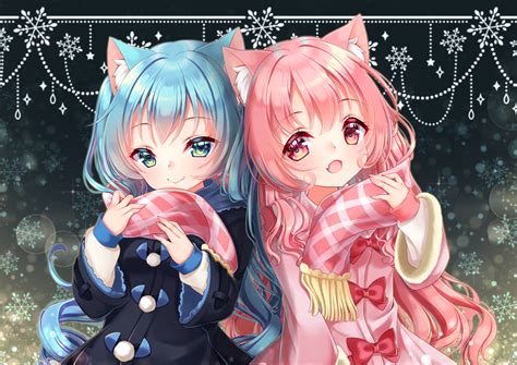 Download Scarf Pink Hair Blue Hair Anime Child HD Wallpaper by 猫月みらい