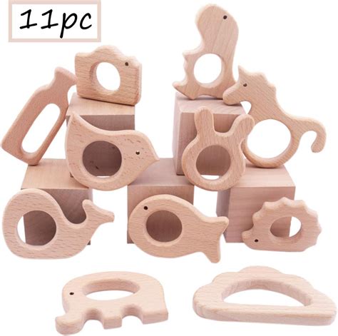 Amazon.com : Promise Babe Wooden Baby Teething Toys 11pc Bird Elephant Wood Teether Montessori ...