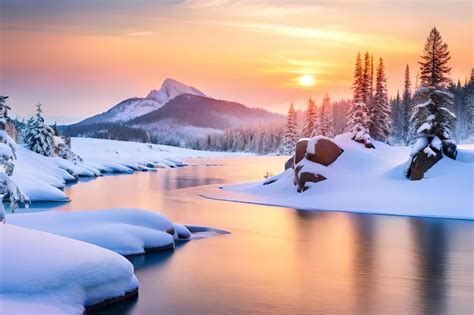 Premium Photo | A snowy landscape with a river and mountains in the background.