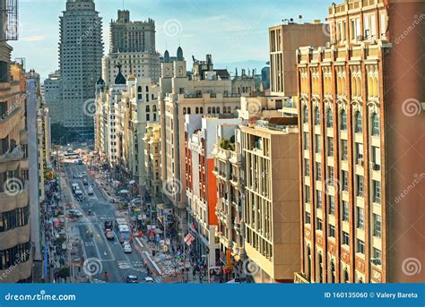 Aerial Panoramic View of Gran Via Street is Main Shopping District in Madrid. Spain Editorial ...