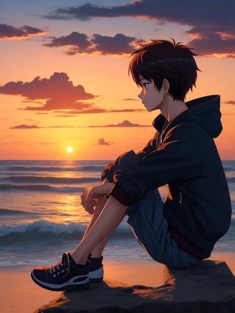 Premium AI Image | Artistic image of Boy anime on the beach watching sunset