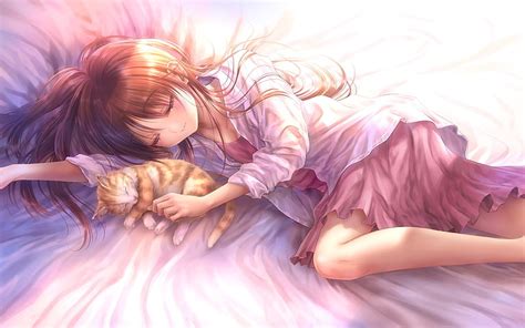 Brown Hair Anime Girl On Bed - Anime Wallpaper HD