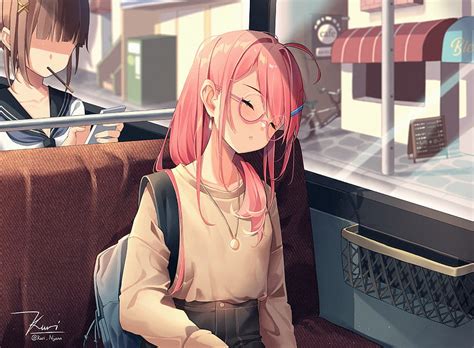 Cute Anime Girl, Megane, Pink Hair, Sleeping, Bus Trip, Glasses, anime sleep HD wallpaper | Pxfuel