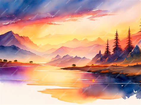 Premium AI Image | watercolor landscape scenery with sunset