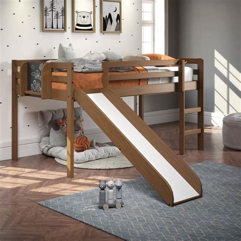 HOMESTOCK Latte Twin Wood Loft Bed with Slide, Kids Low Loft Bed with Slide, Ladder and ...