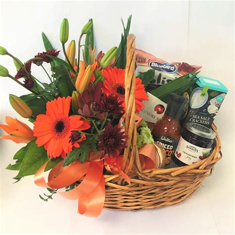 Fresh Flowers and Gourmet Treats Gift Basket – Gails Floral Studio